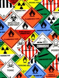 A collage of warning signs such as flammable gas, corrosive, toxic, radioactive, infectious substance etc.